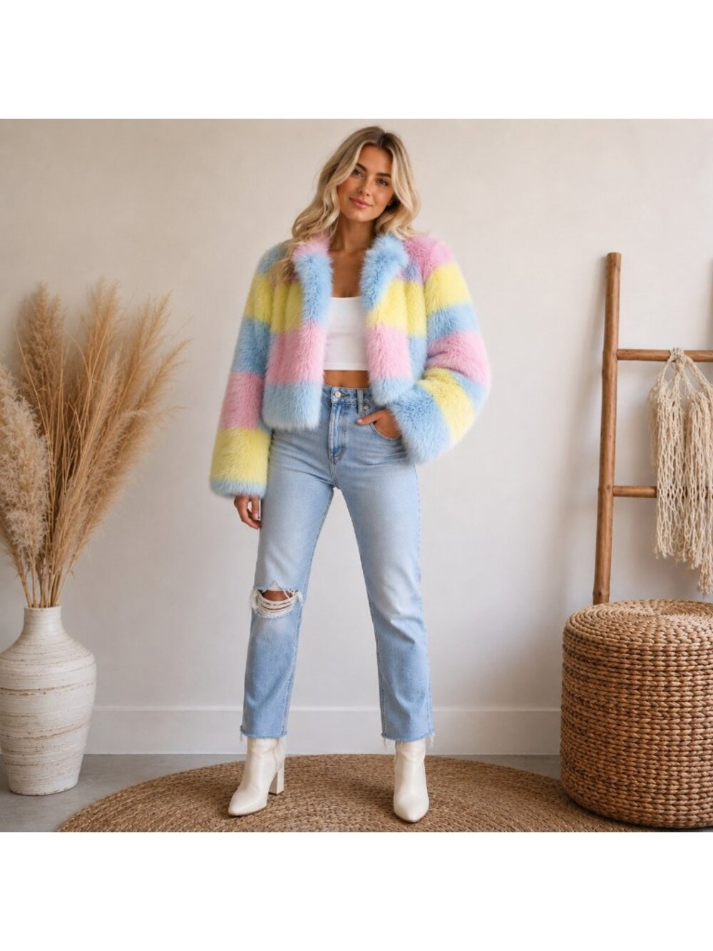 Mademe Check Print Pastel Colourful Short Faux Fur Jacket M